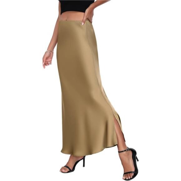 Women's Satin High Waisted Maxi Skirts Khaki - Picture 1 of 6